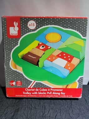Janod Green Pull-Along Trolley with Colorful Wooden Blocks